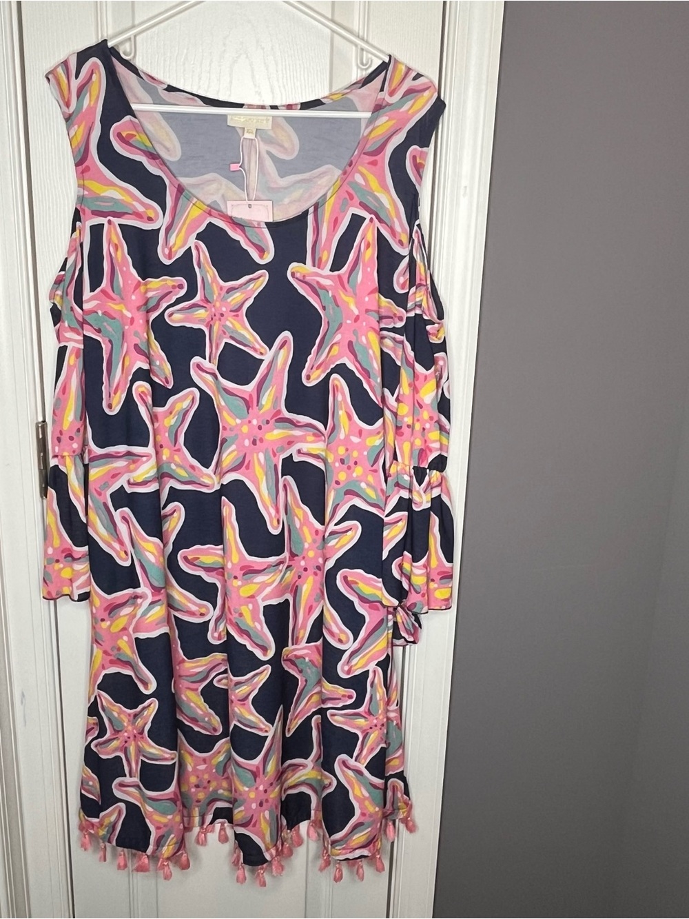Simply Southern Navy Pink Starfish Print Cold-Shoulder Dress